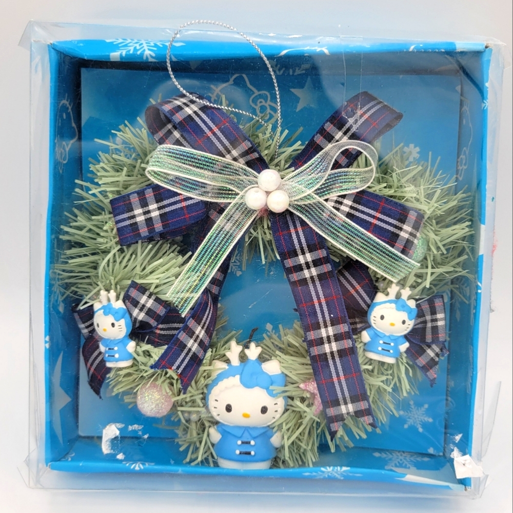 Hello Kitty Heart Wreath Christmas Ornament Sanrio 3‎ Blue Hello Kitties Vintage